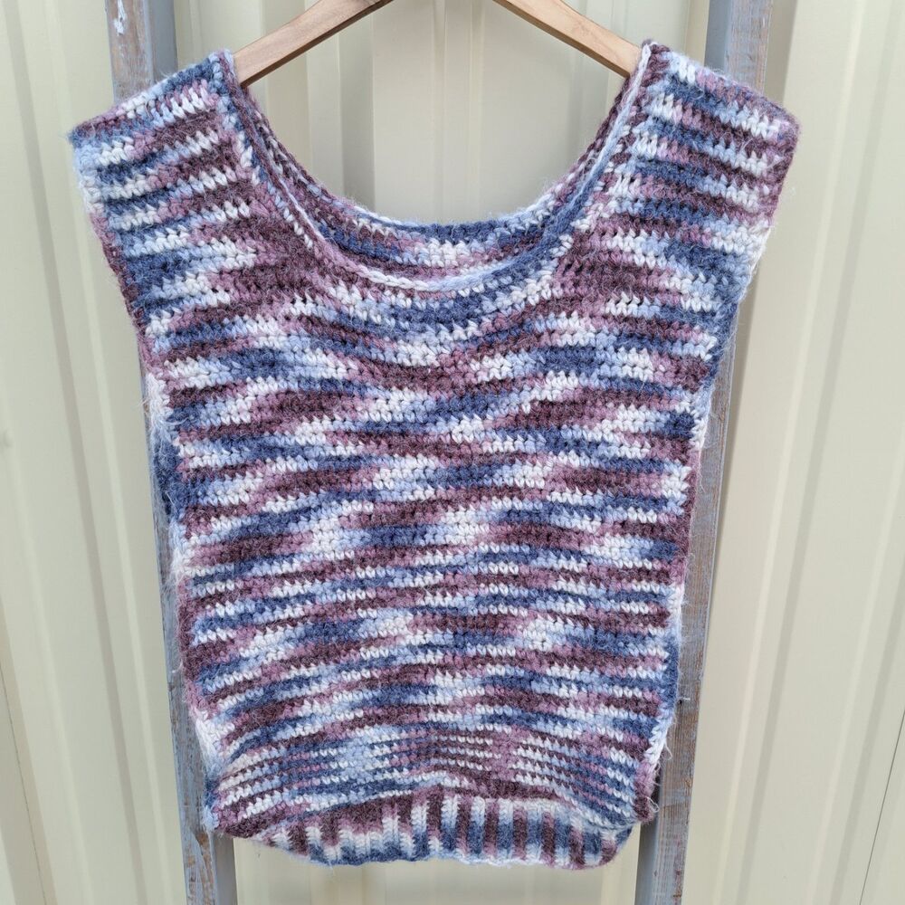 Handmade 1970s Crochet Knit XS Women's Open Side Sleeveless Tank Top Purple Blue